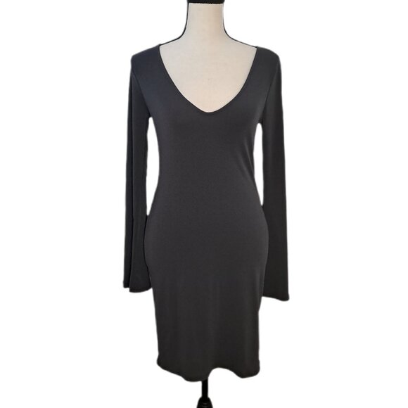 Forever 21 Flare Bell Sleeve Deep V Neckline Gray Bodycon Cocktail Dress Sz S - Picture 3 of 12